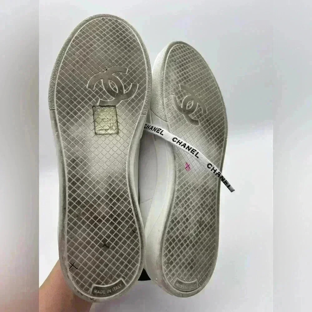 Chanel White Leather Casual Sneakers: Women's Size 36.5 Logo Laces CC - Picture 10 of 13